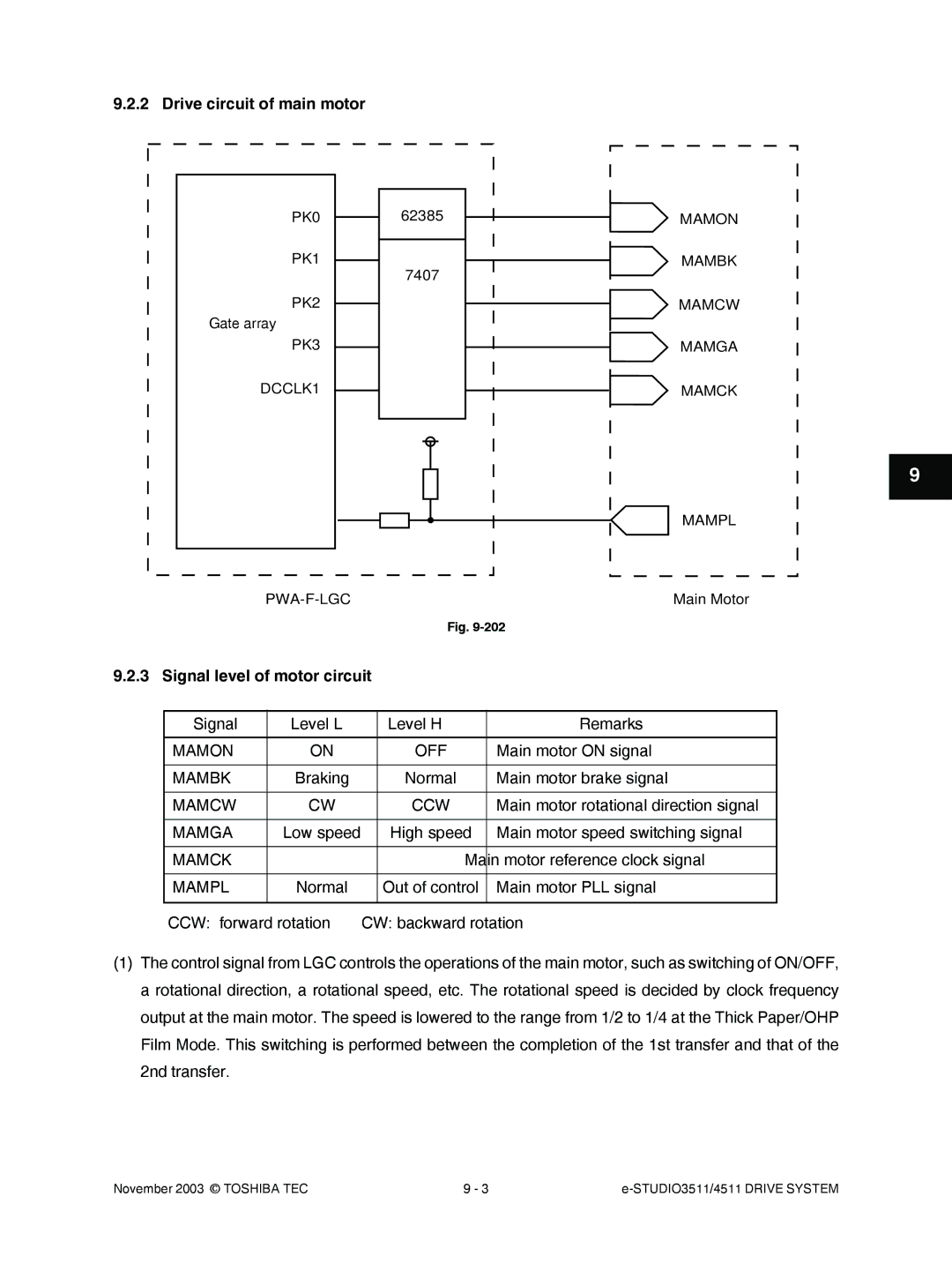 Toshiba 4511, 3511 manual Drive circuit of main motor, Signal level of motor circuit 