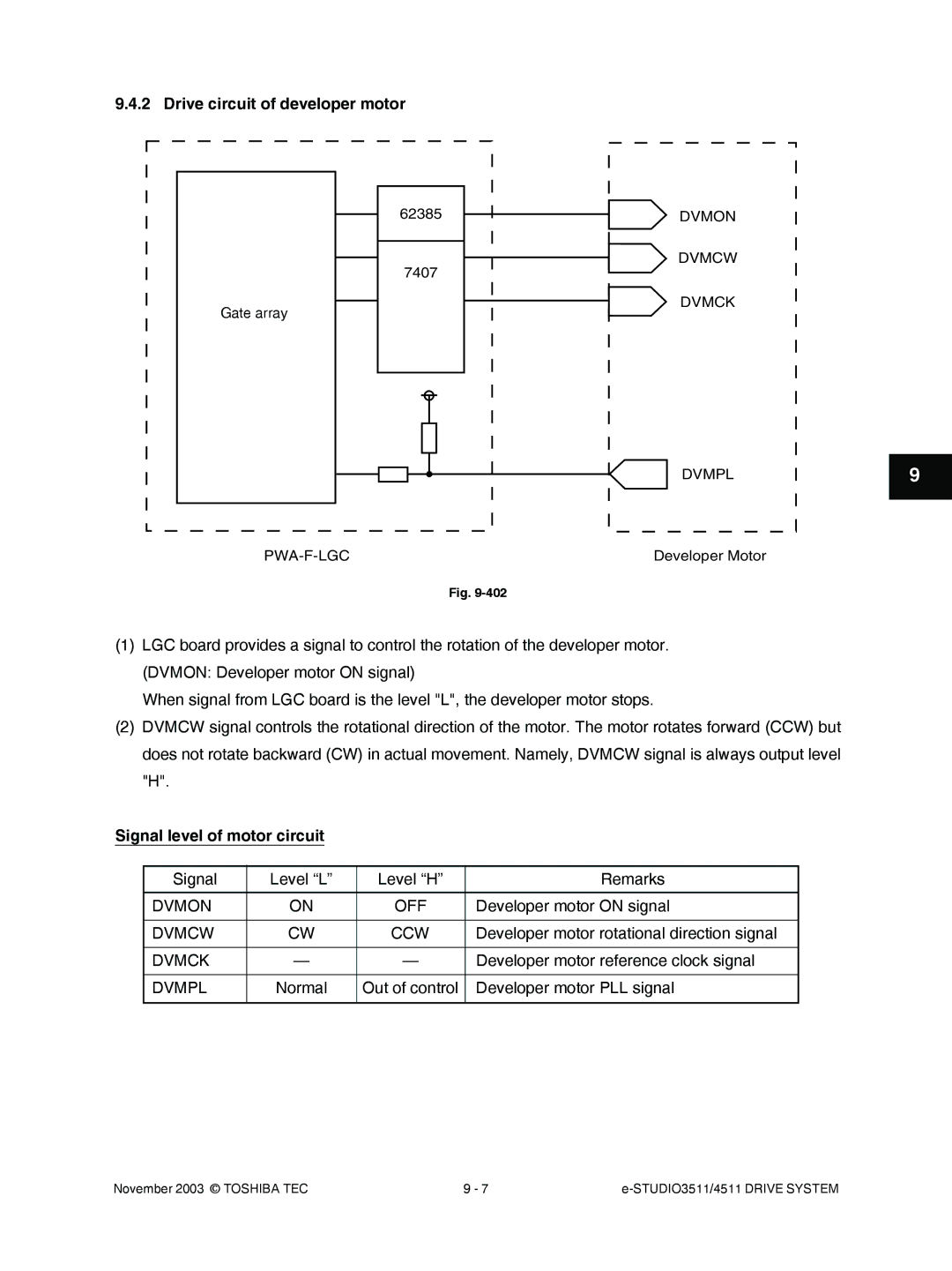 Toshiba 4511 Drive circuit of developer motor, Developer motor on signal, Developer motor rotational direction signal 