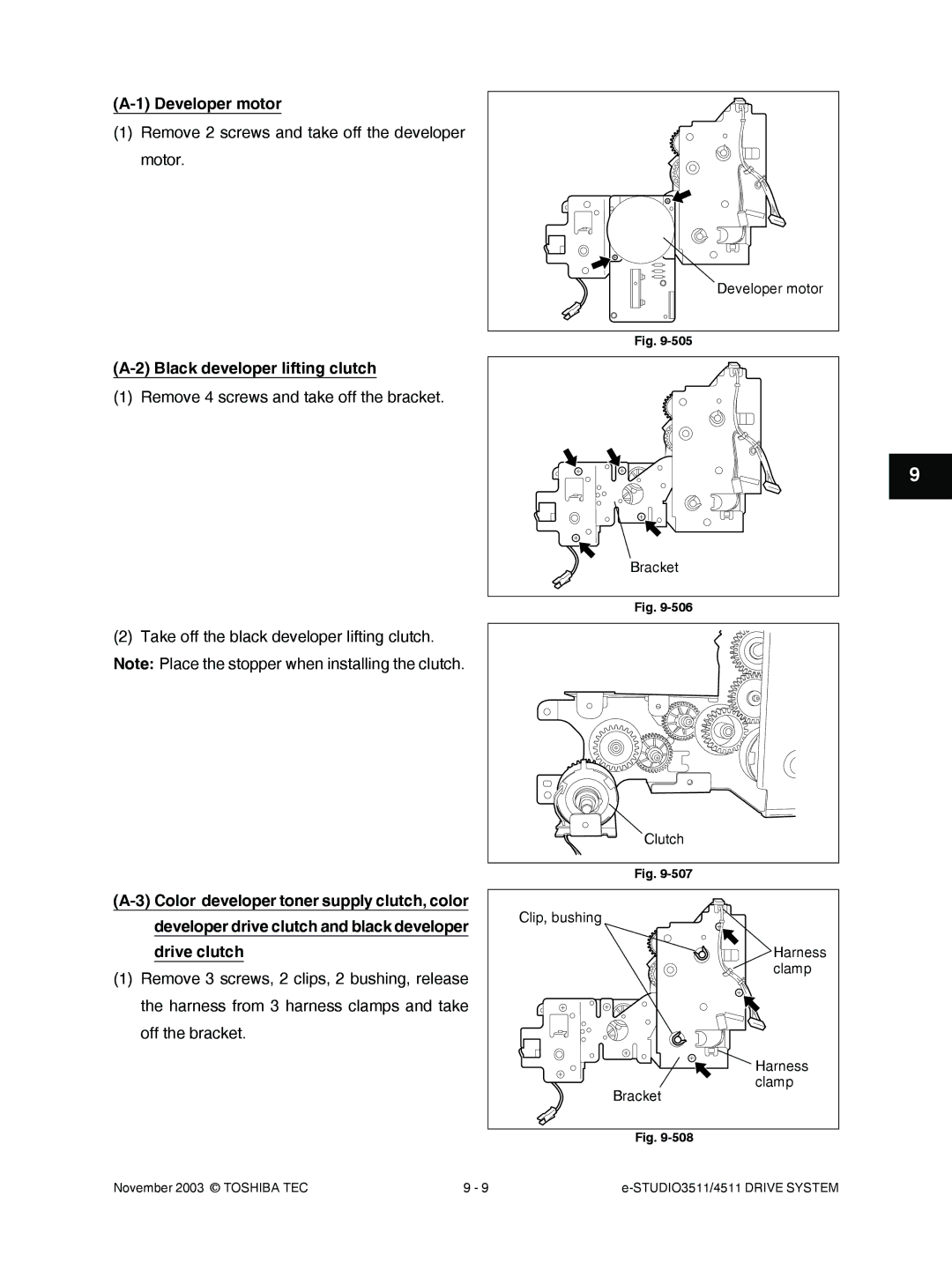 Toshiba 4511, 3511 manual Developer motor, Remove 2 screws and take off the developer motor, Black developer lifting clutch 