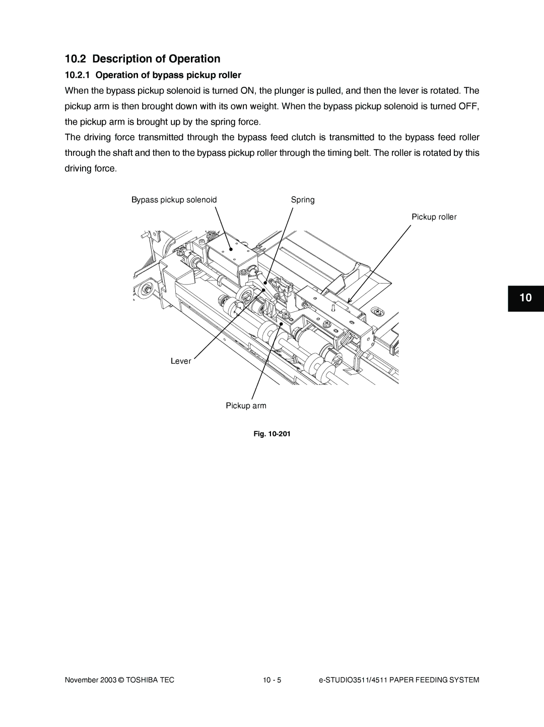 Toshiba 4511, 3511 manual Description of Operation, Operation of bypass pickup roller 