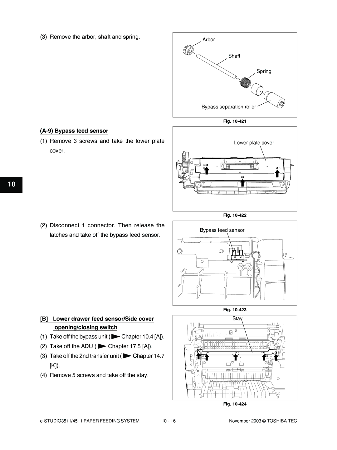 Toshiba 3511, 4511 manual Remove the arbor, shaft and spring, Bypass feed sensor 