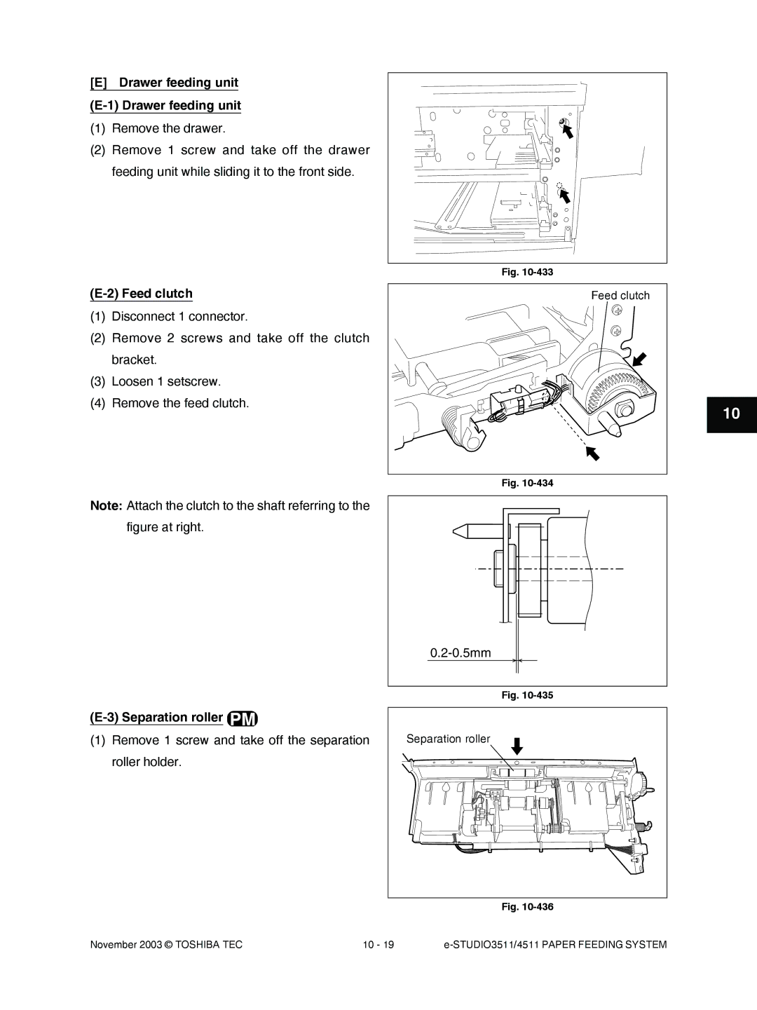 Toshiba 4511, 3511 manual Drawer feeding unit E-1 Drawer feeding unit, Feed clutch, Separation roller, 0.5mm 