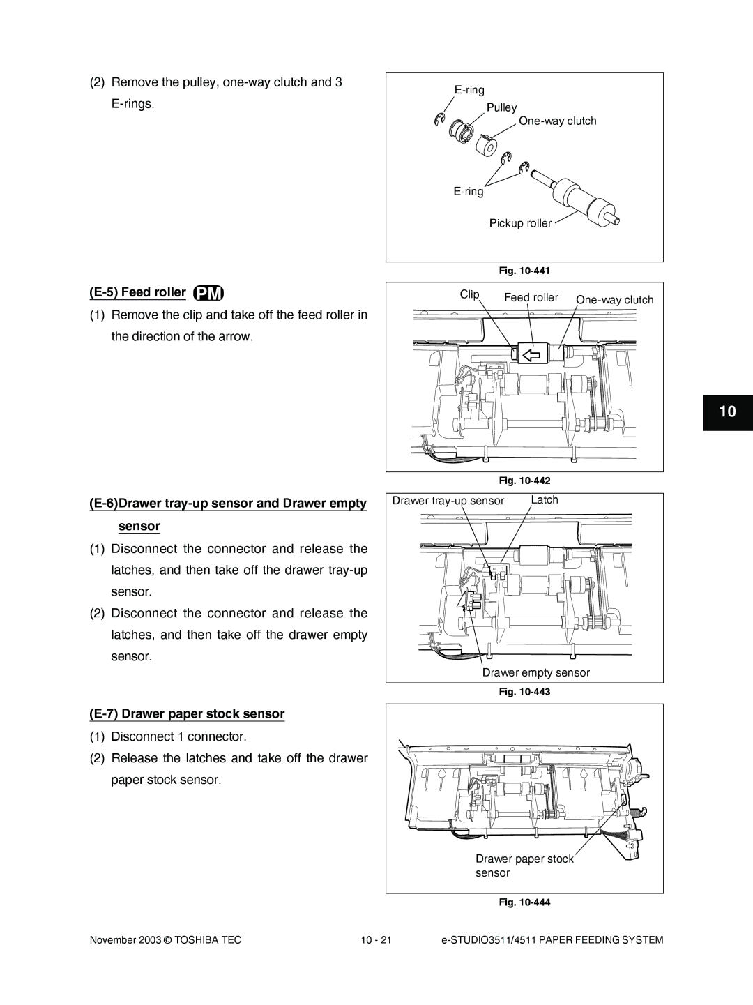 Toshiba 4511 Remove the pulley, one-way clutch and 3 E-rings, Feed roller, 6Drawer tray-up sensor and Drawer empty sensor 