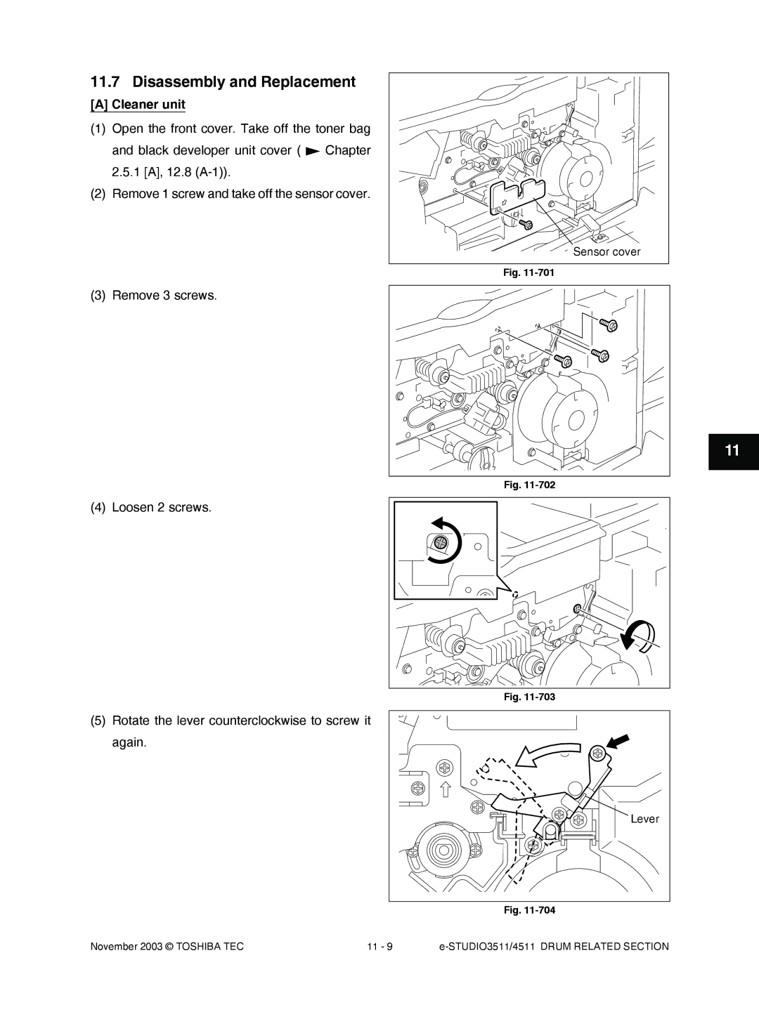 Toshiba 4511, 3511 manual Disassembly and Replacement, Cleaner unit 