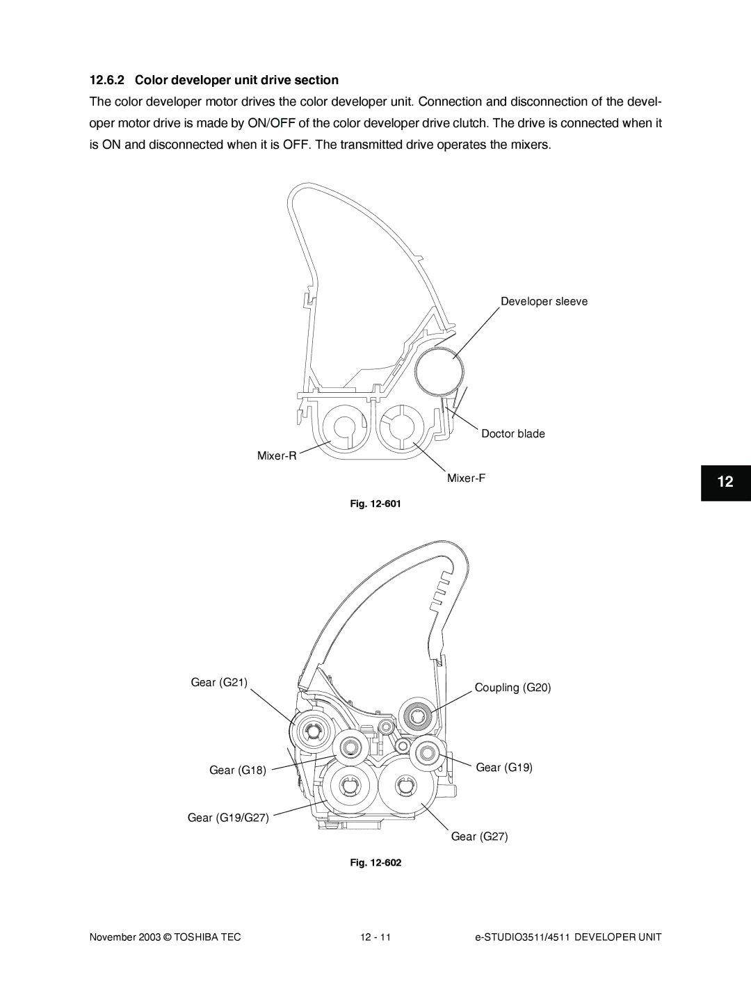 Toshiba 4511, 3511 manual Color developer unit drive section, Gear G21 