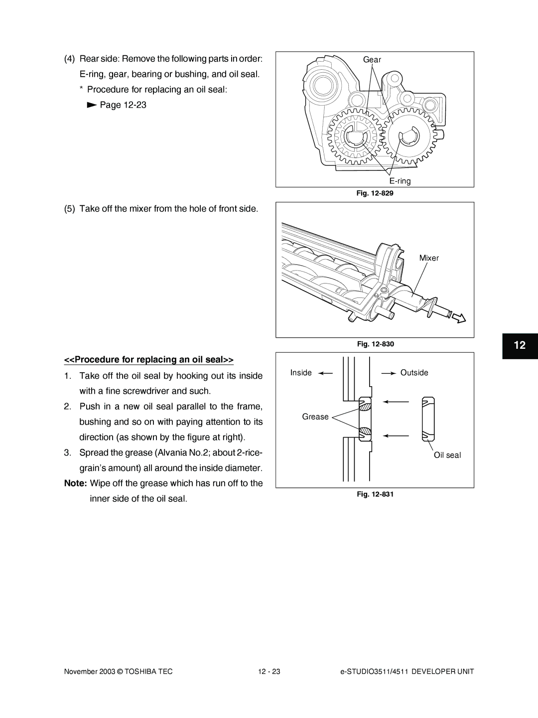 Toshiba 4511, 3511 manual Procedure for replacing an oil seal 