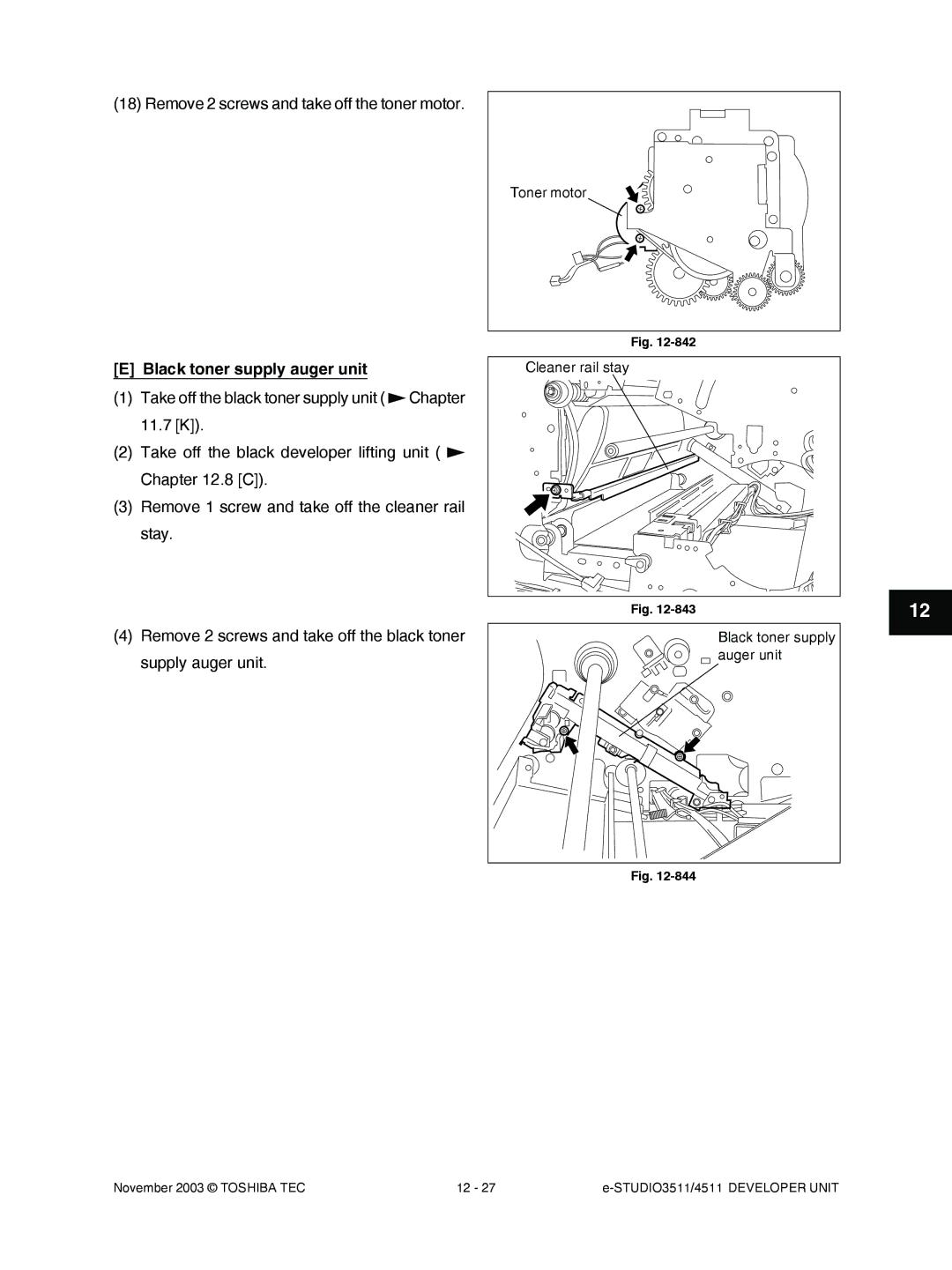 Toshiba 4511, 3511 manual Remove 2 screws and take off the toner motor, Black toner supply auger unit 