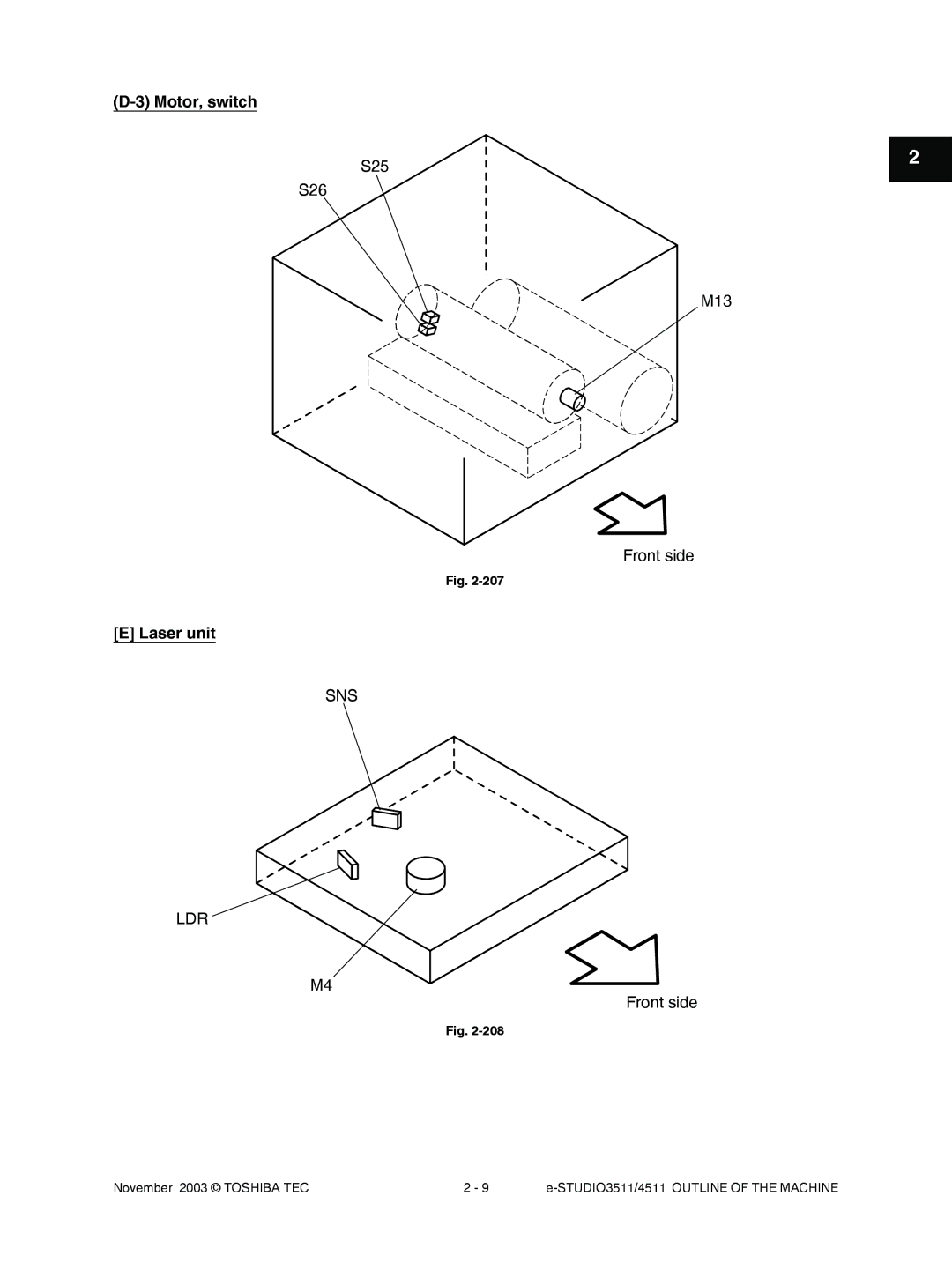 Toshiba 4511, 3511 manual Motor, switch, S25 S26 M13 Front side, Laser unit 