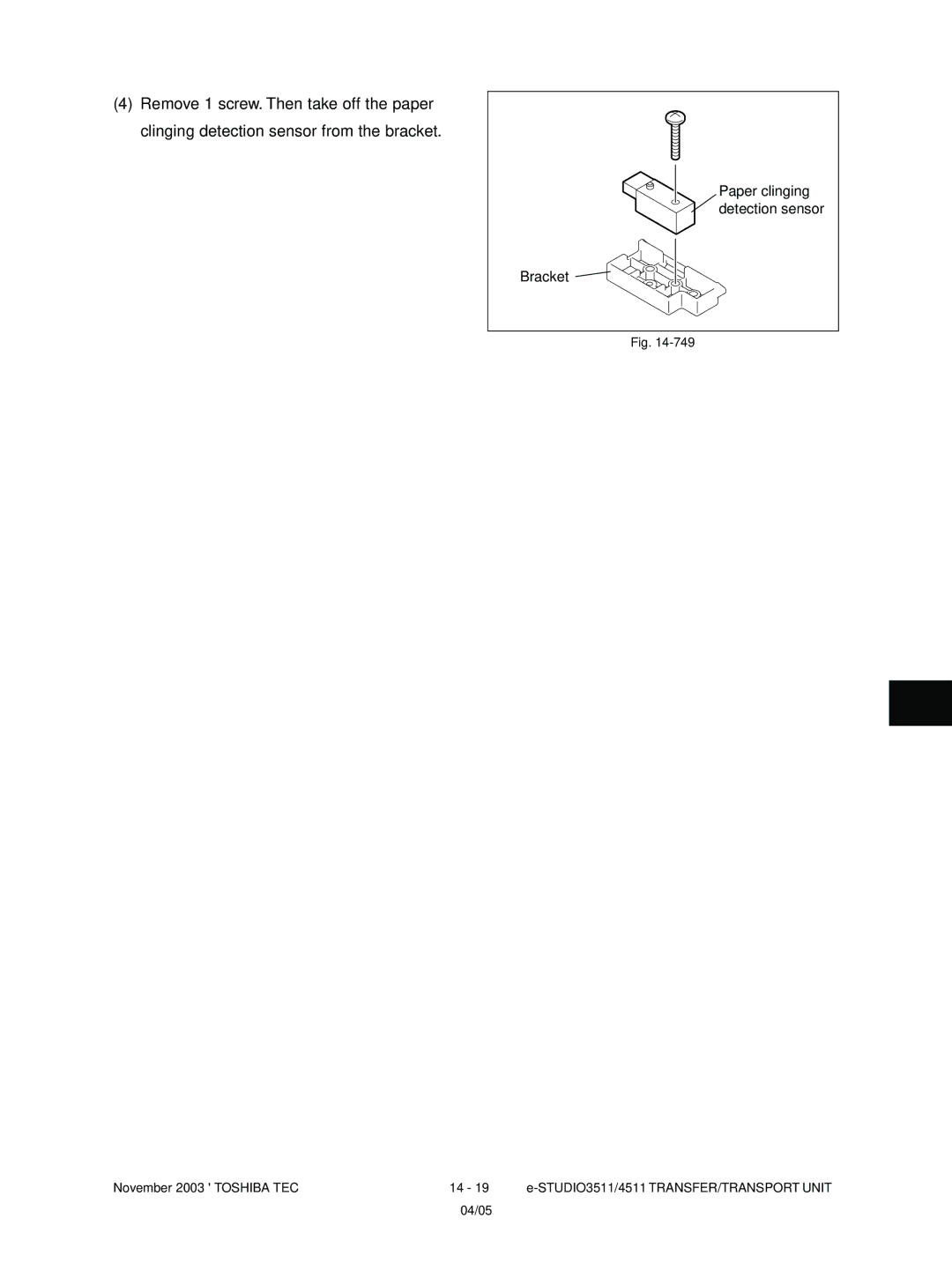 Toshiba 4511, 3511 manual Paper clinging detection sensor Bracket 