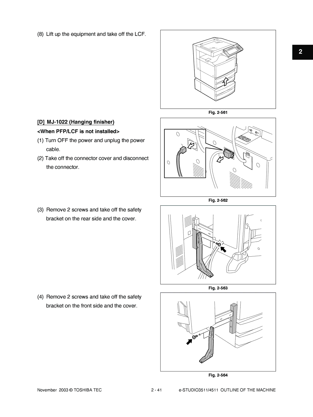 Toshiba 4511, 3511 manual Lift up the equipment and take off the LCF, MJ-1022 Hanging finisher When PFP/LCF is not installed 