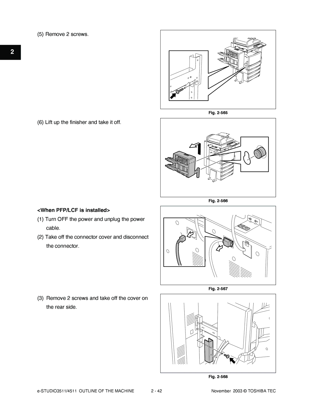 Toshiba 3511, 4511 manual Remove 2 screws Lift up the finisher and take it off, When PFP/LCF is installed 