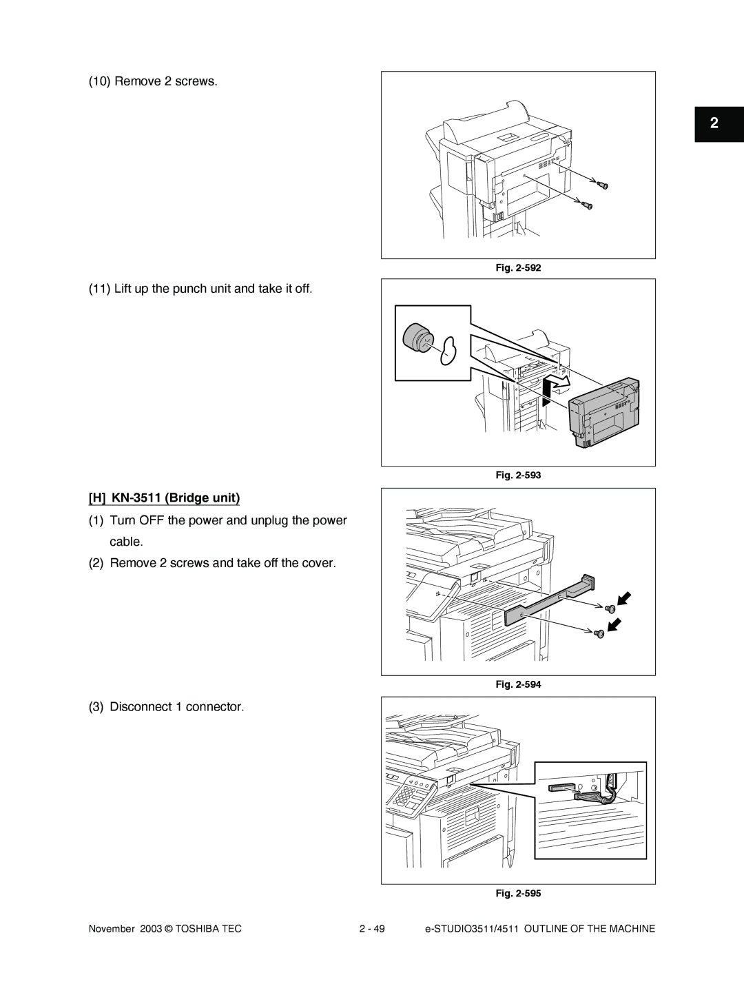 Toshiba 4511 manual Remove 2 screws Lift up the punch unit and take it off, KN-3511 Bridge unit 