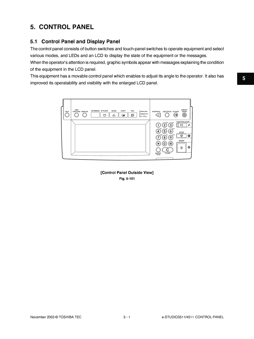 Toshiba 4511, 3511 manual Control Panel and Display Panel 