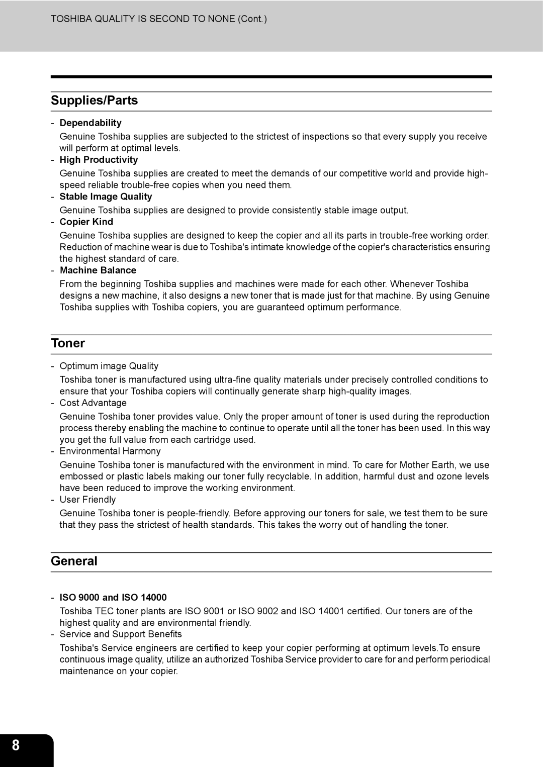 Toshiba 3511 manual Supplies/Parts, Toner, General 