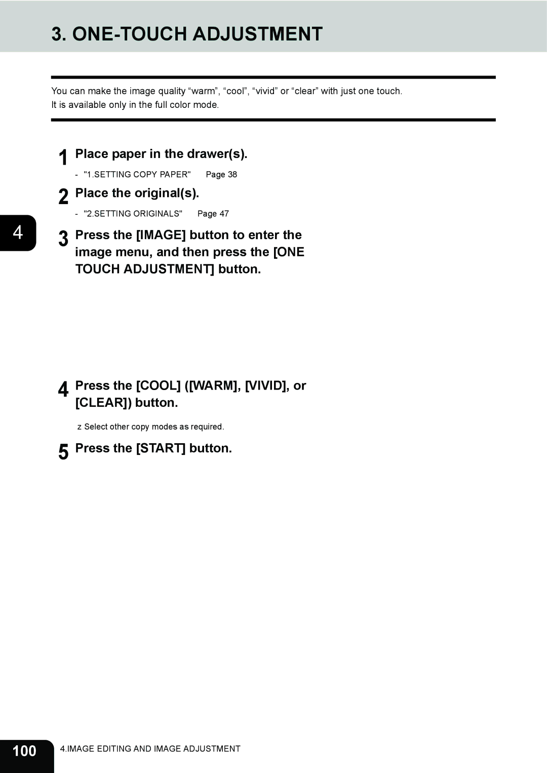 Toshiba 3511 manual ONE-TOUCH Adjustment, 100 