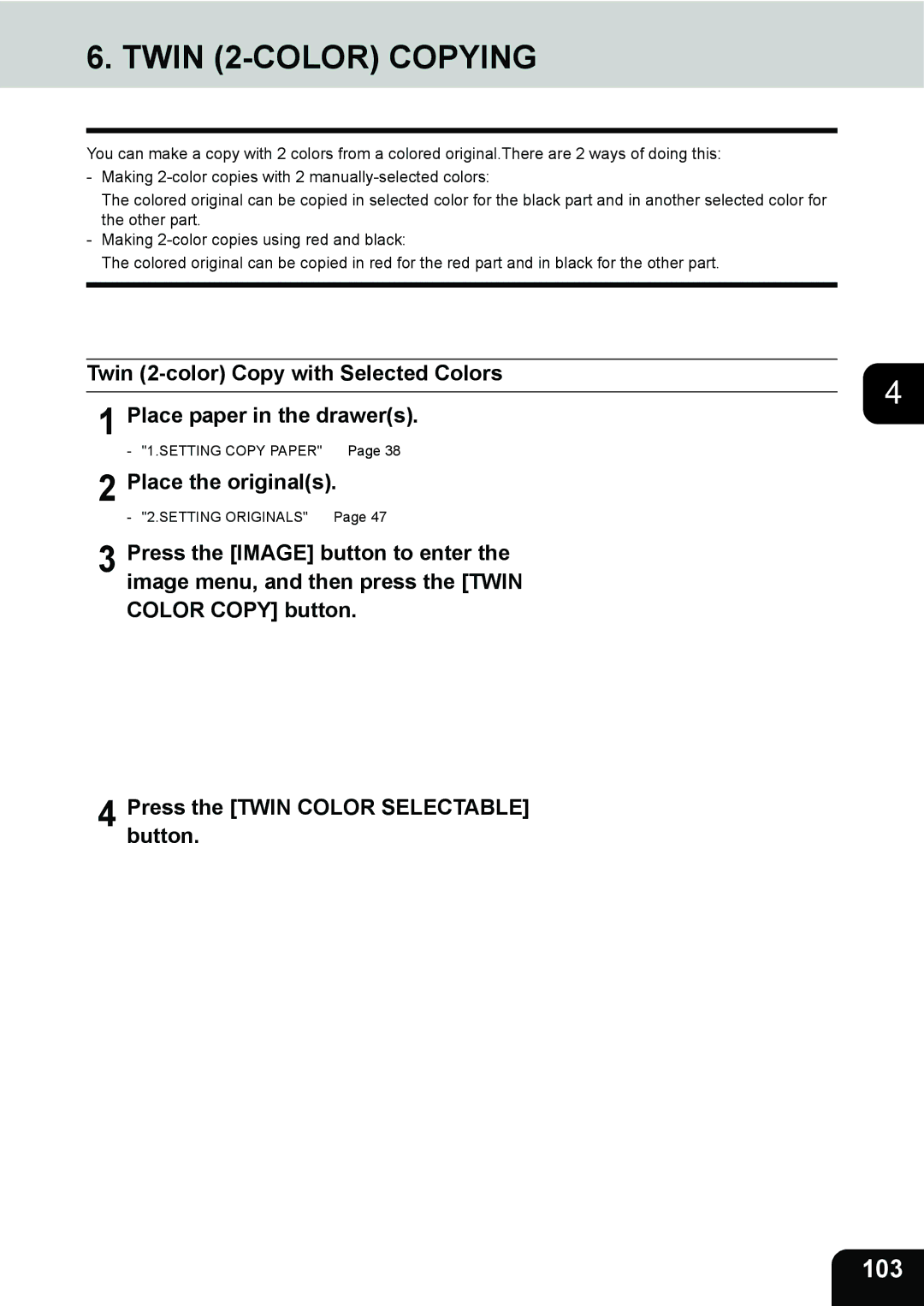 Toshiba 3511 manual Twin 2-COLOR Copying, 103, Twin 2-color Copy with Selected Colors 