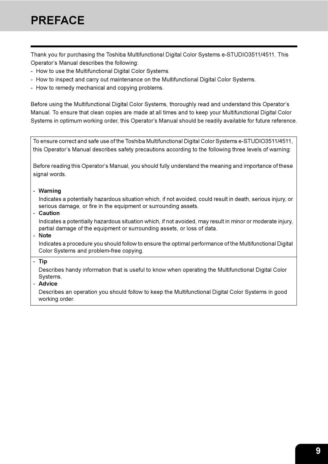 Toshiba 3511 manual Preface, Tip, Advice 