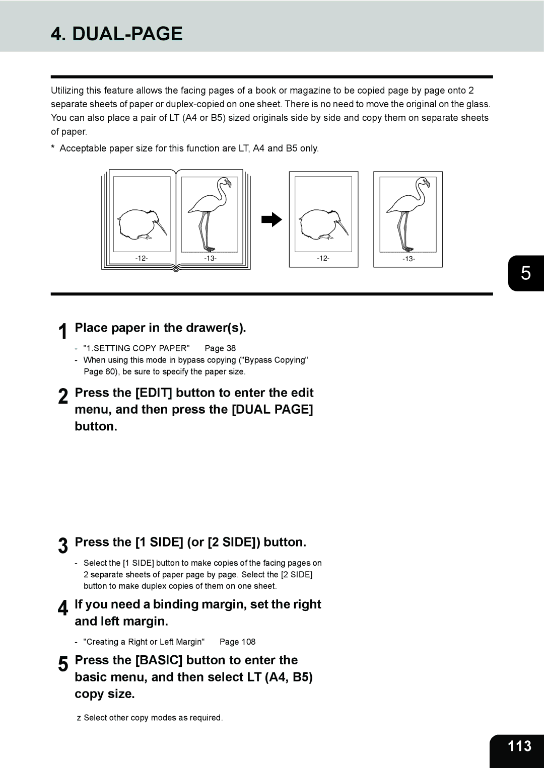 Toshiba 3511 manual Dual-Page, 113, If you need a binding margin, set the right and left margin 