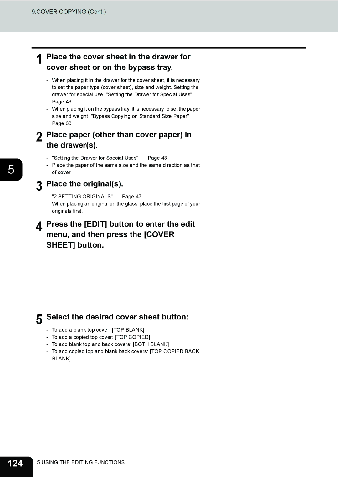 Toshiba 3511 manual 124, Place paper other than cover paper in the drawers 