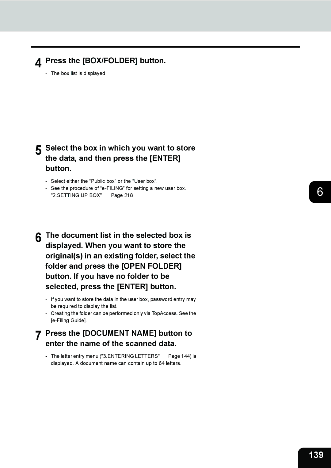 Toshiba 3511 manual 139, Press the BOX/FOLDER button 