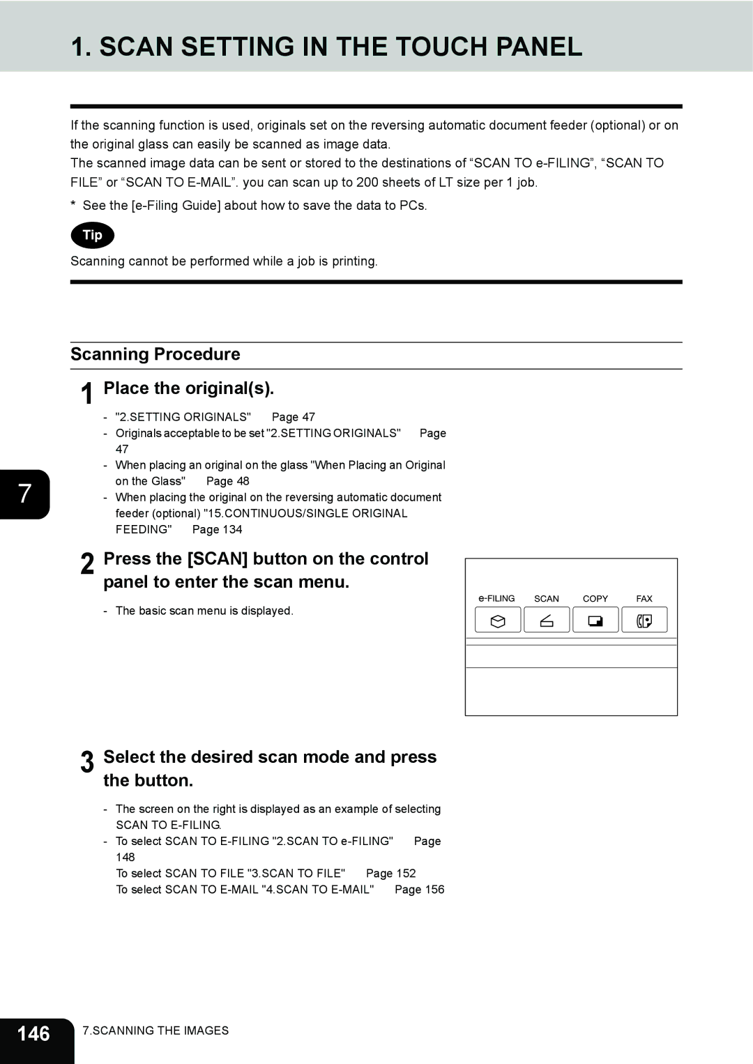 Toshiba 3511 manual Scan Setting in the Touch Panel, 146, Scanning Procedure Place the originals 