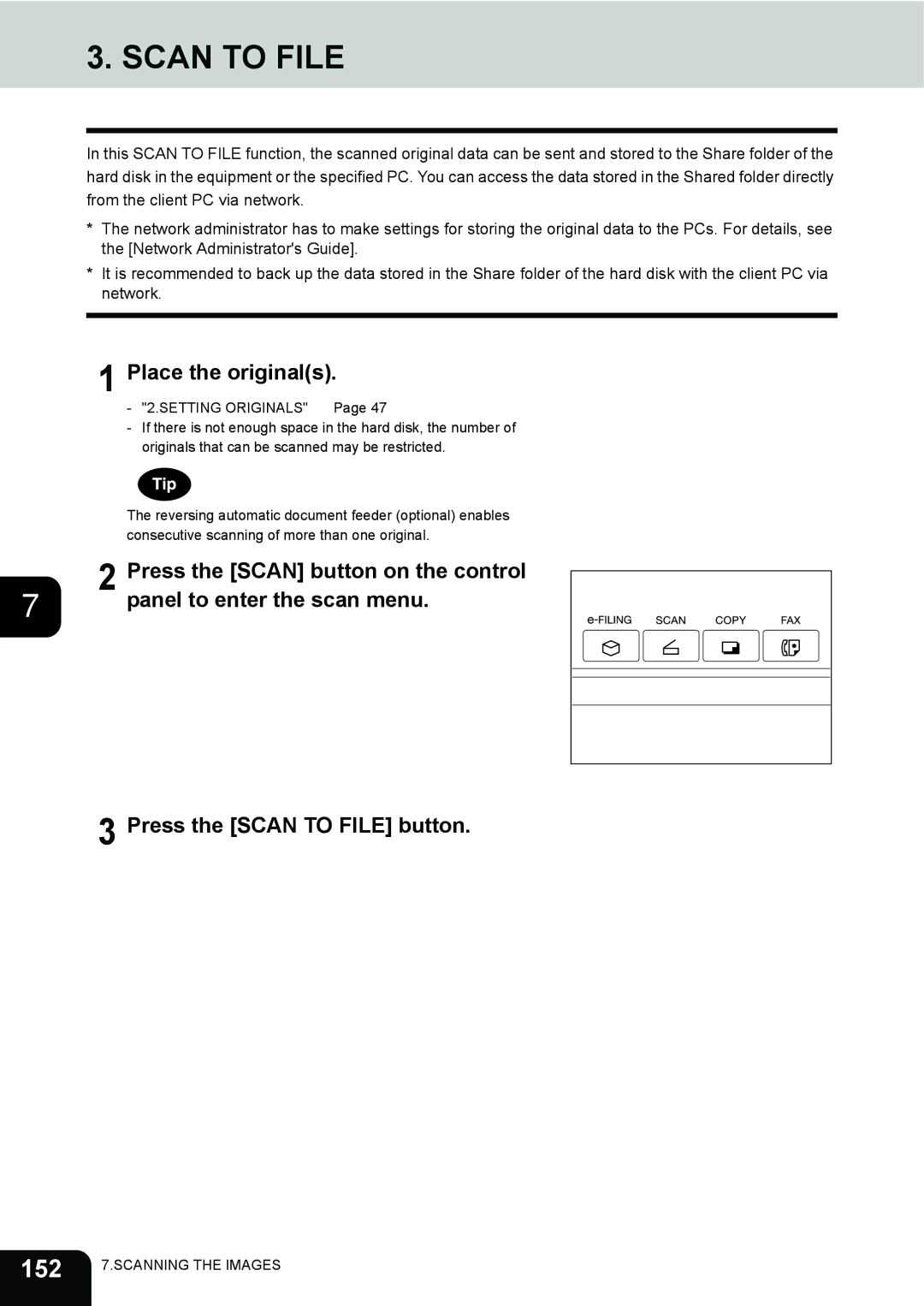 Toshiba 3511 manual Scan to File, 152, Press the Scan button on the control, Panel to enter the scan menu 