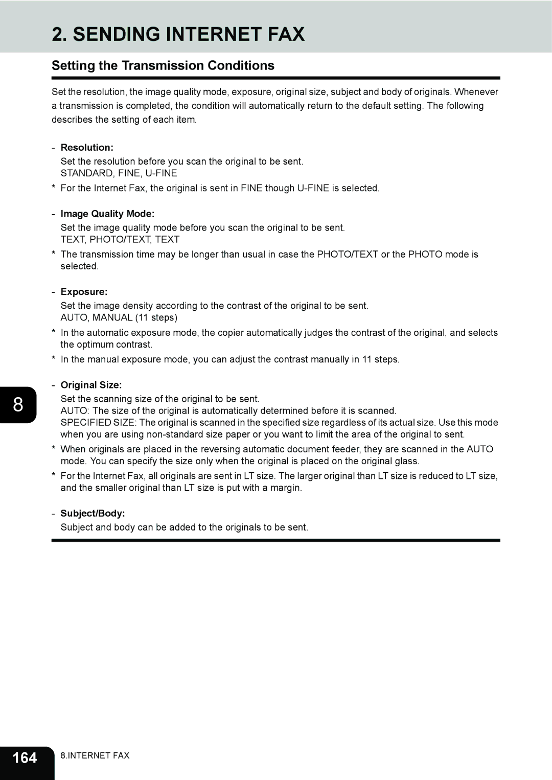 Toshiba 3511 manual Sending Internet FAX, 164, Setting the Transmission Conditions 