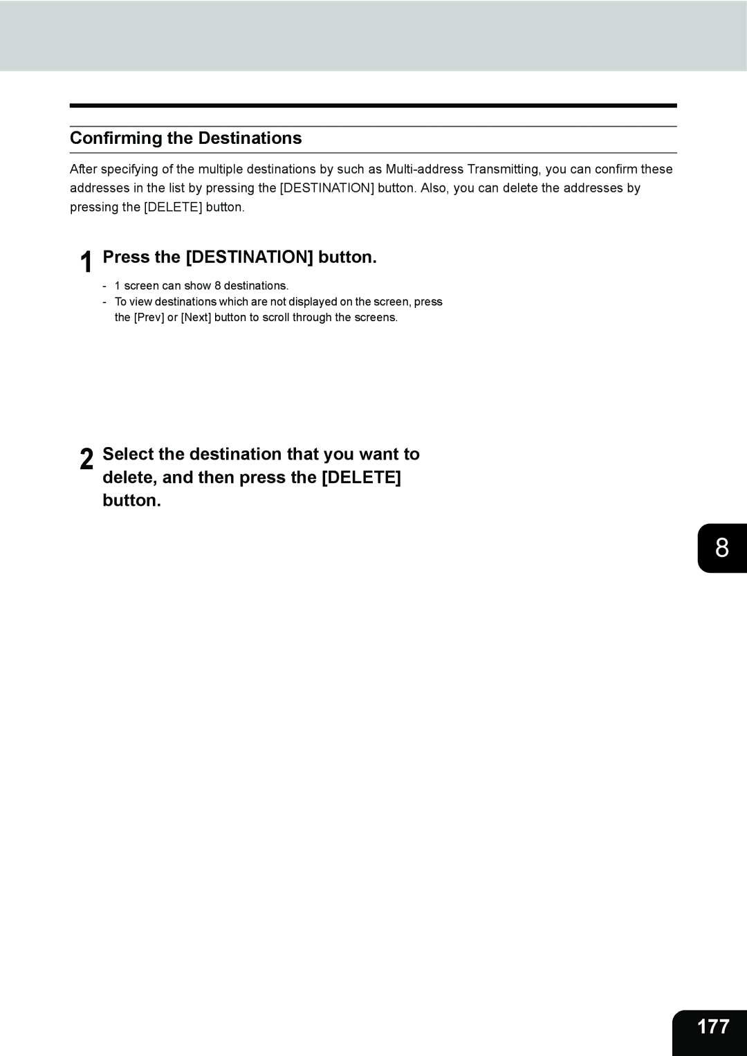 Toshiba 3511 manual 177, Confirming the Destinations, Press the Destination button 