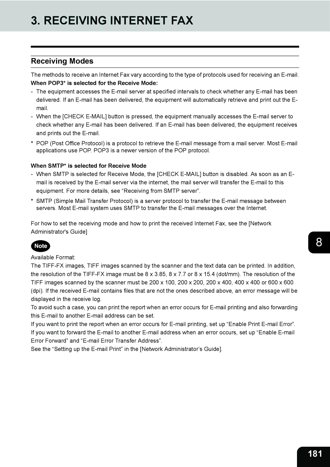 Toshiba 3511 manual Receiving Internet FAX, 181, Receiving Modes, When POP3* is selected for the Receive Mode 