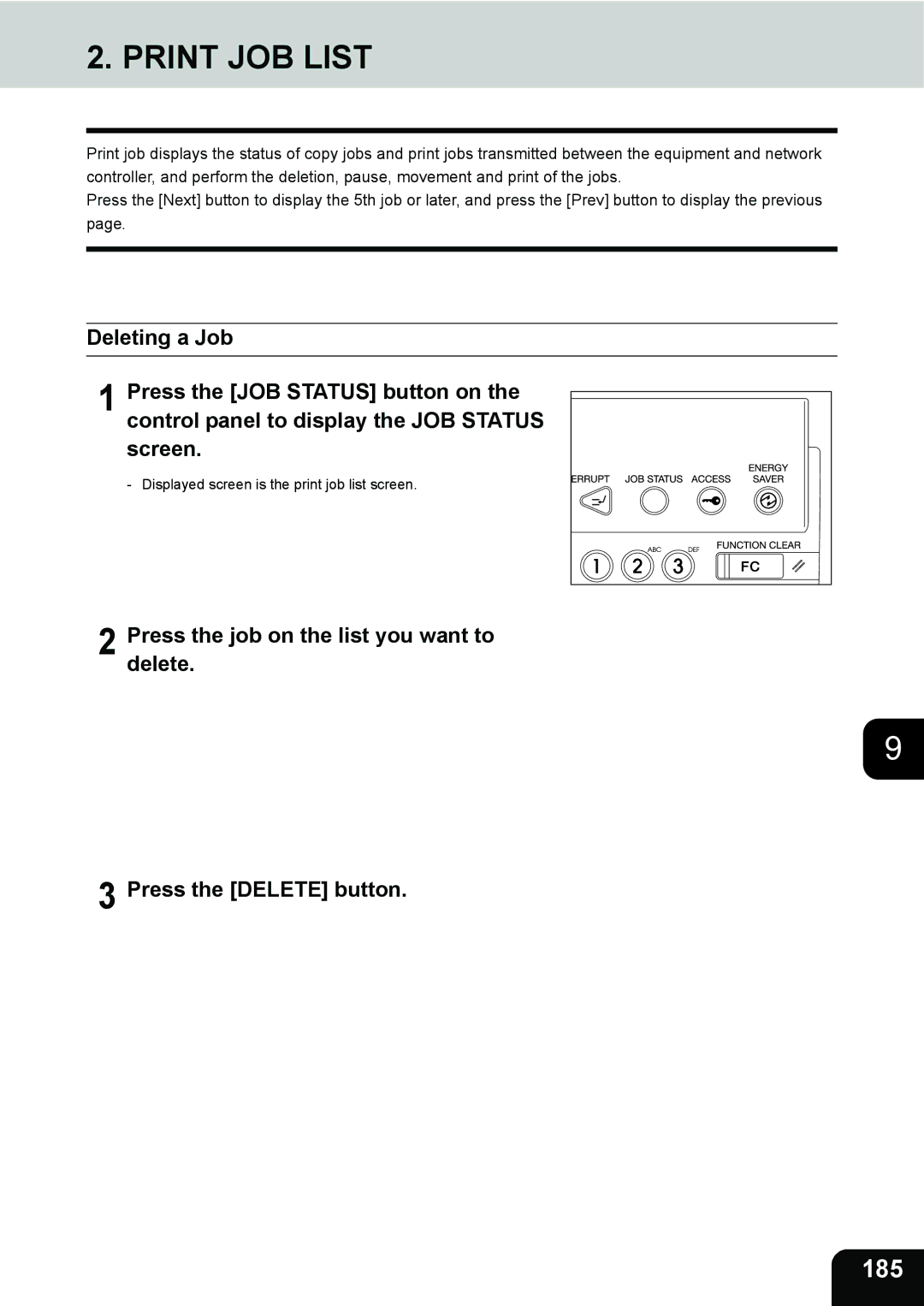 Toshiba 3511 manual Print JOB List, 185 