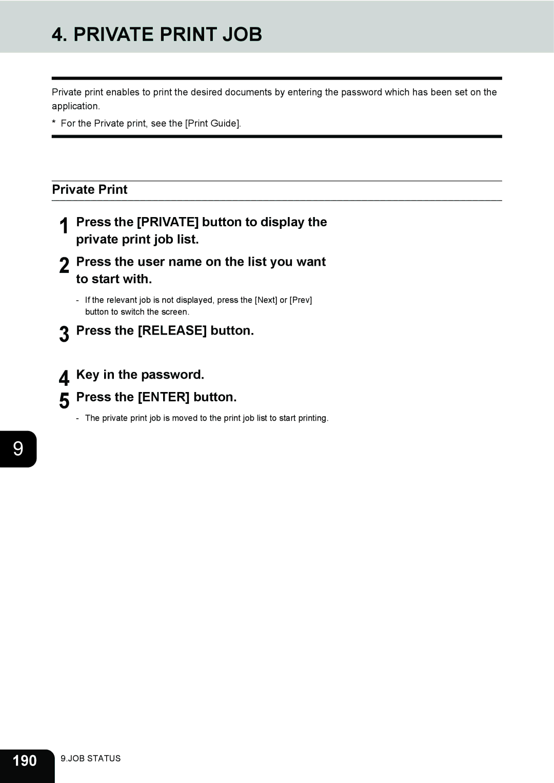 Toshiba 3511 manual Private Print JOB, 190 