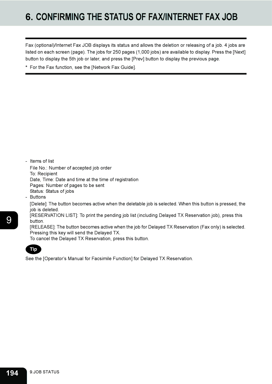 Toshiba 3511 manual Confirming the Status of FAX/INTERNET FAX JOB, 194 