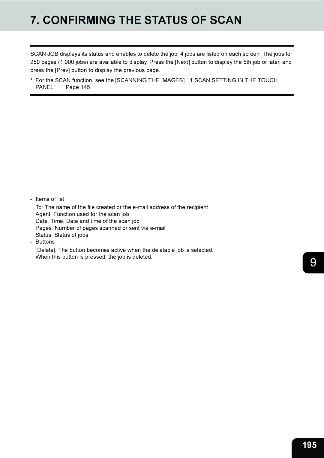 Toshiba 3511 manual Confirming the Status of Scan, 195 