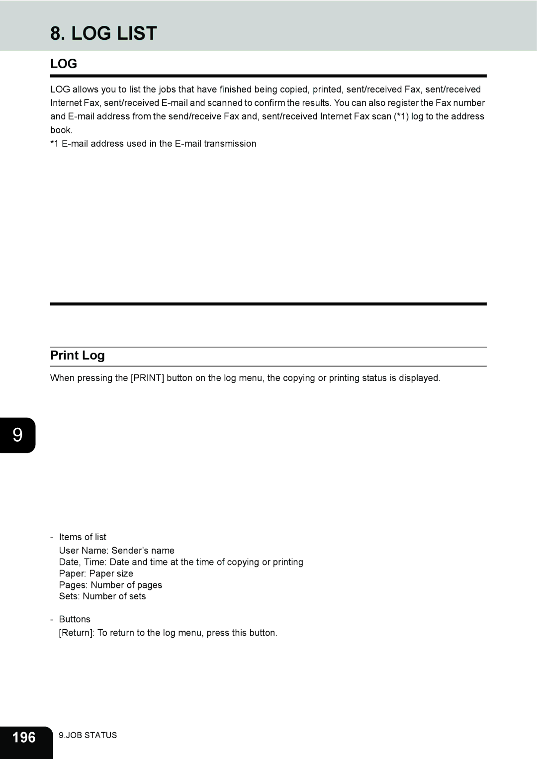 Toshiba 3511 manual LOG List, 196, Print Log 