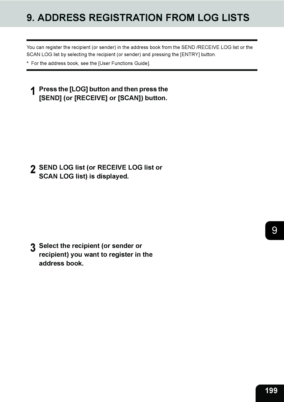 Toshiba 3511 manual Address Registration from LOG Lists, 199 