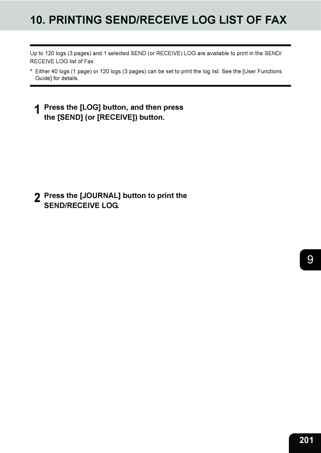 Toshiba 3511 manual Printing SEND/RECEIVE LOG List of FAX, 201 