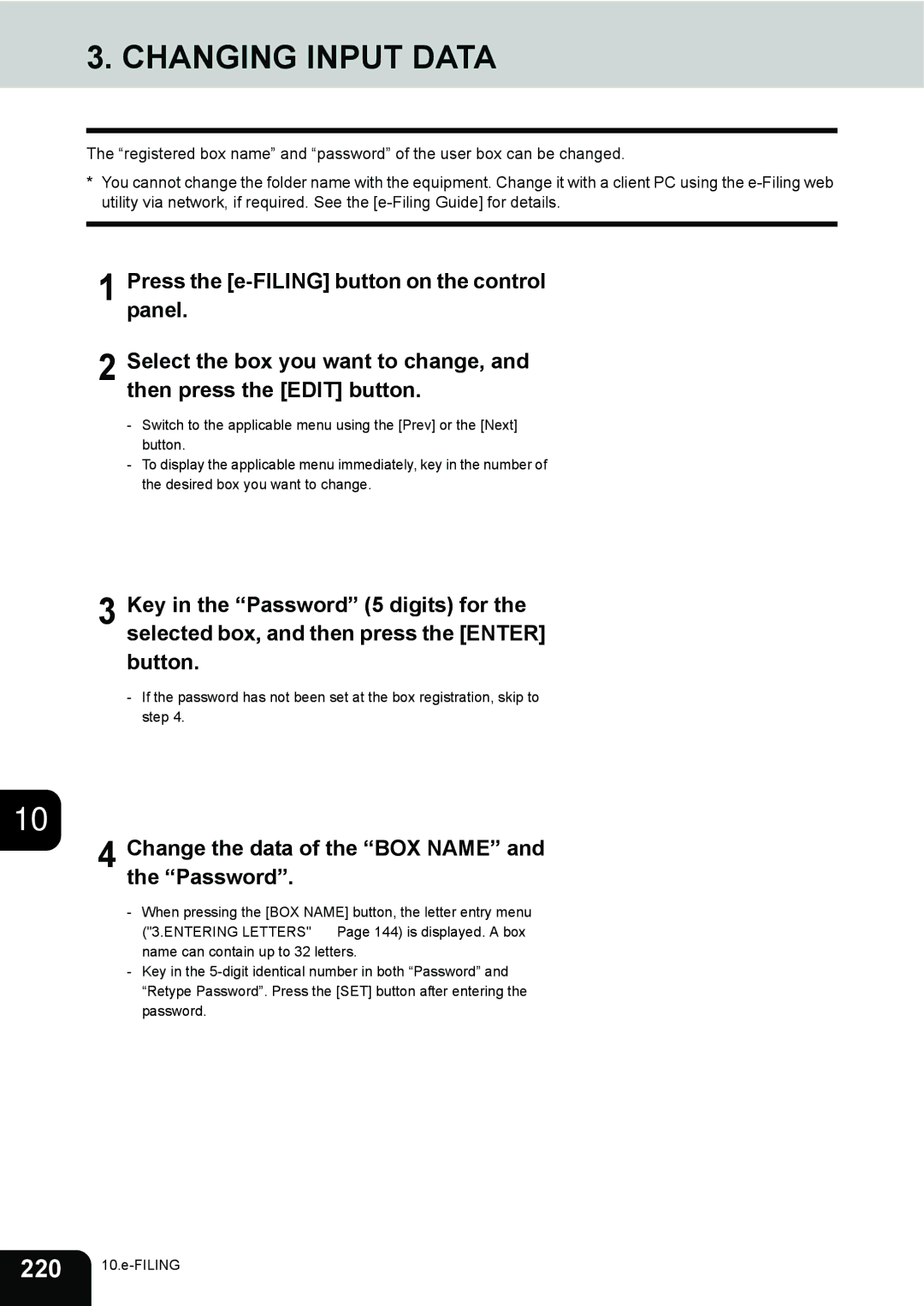 Toshiba 3511 manual Changing Input Data, Change the data of the BOX Name and the Password 