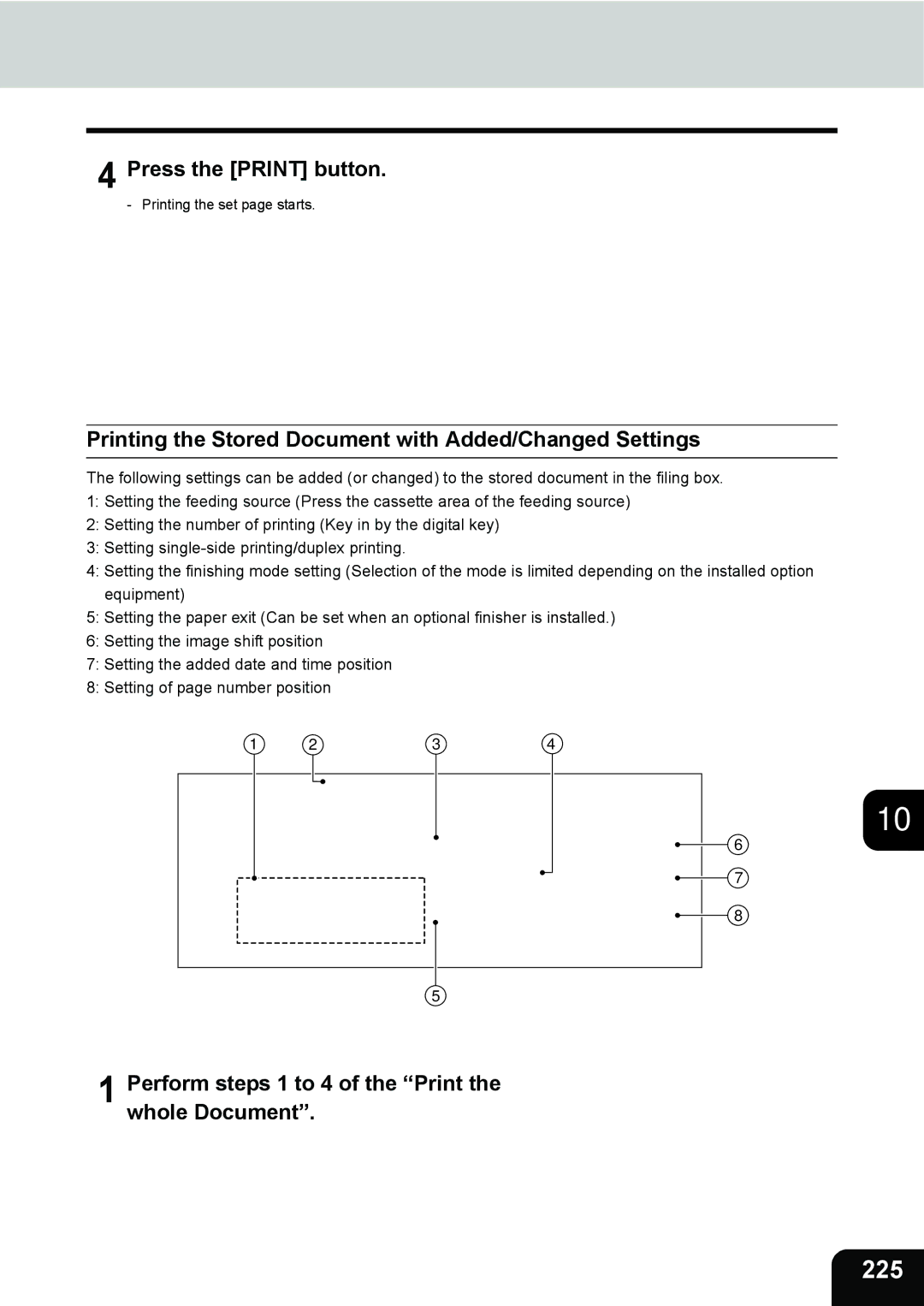 Toshiba 3511 manual 225, Printing the Stored Document with Added/Changed Settings 