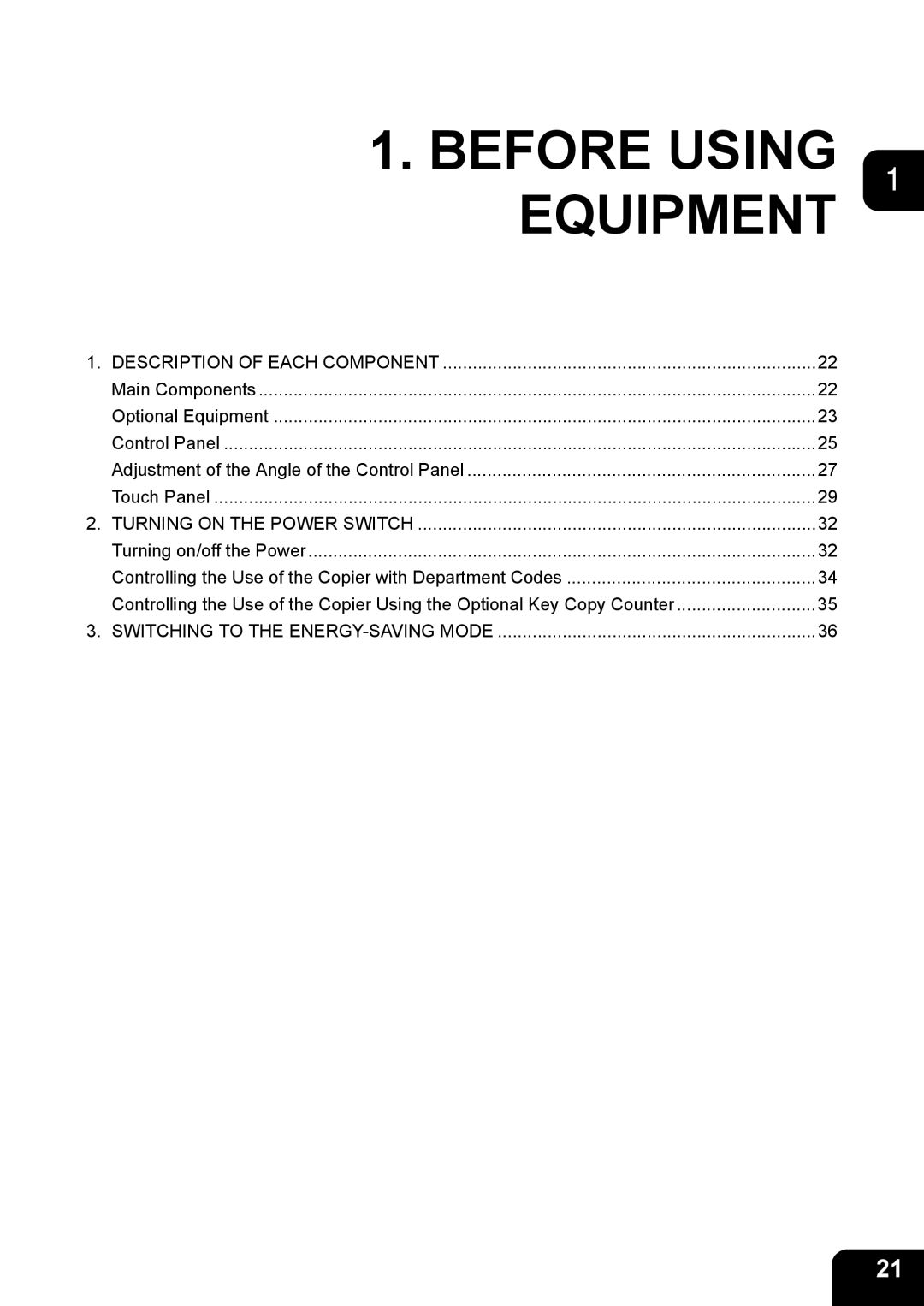 Toshiba 3511 manual Before Using 1 Equipment 