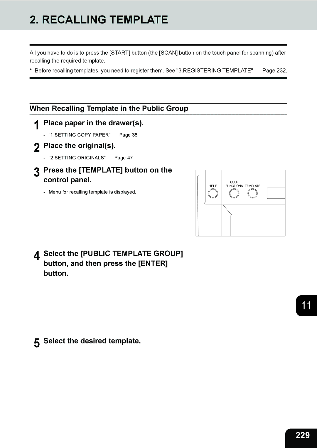 Toshiba 3511 manual Recalling Template, 229 