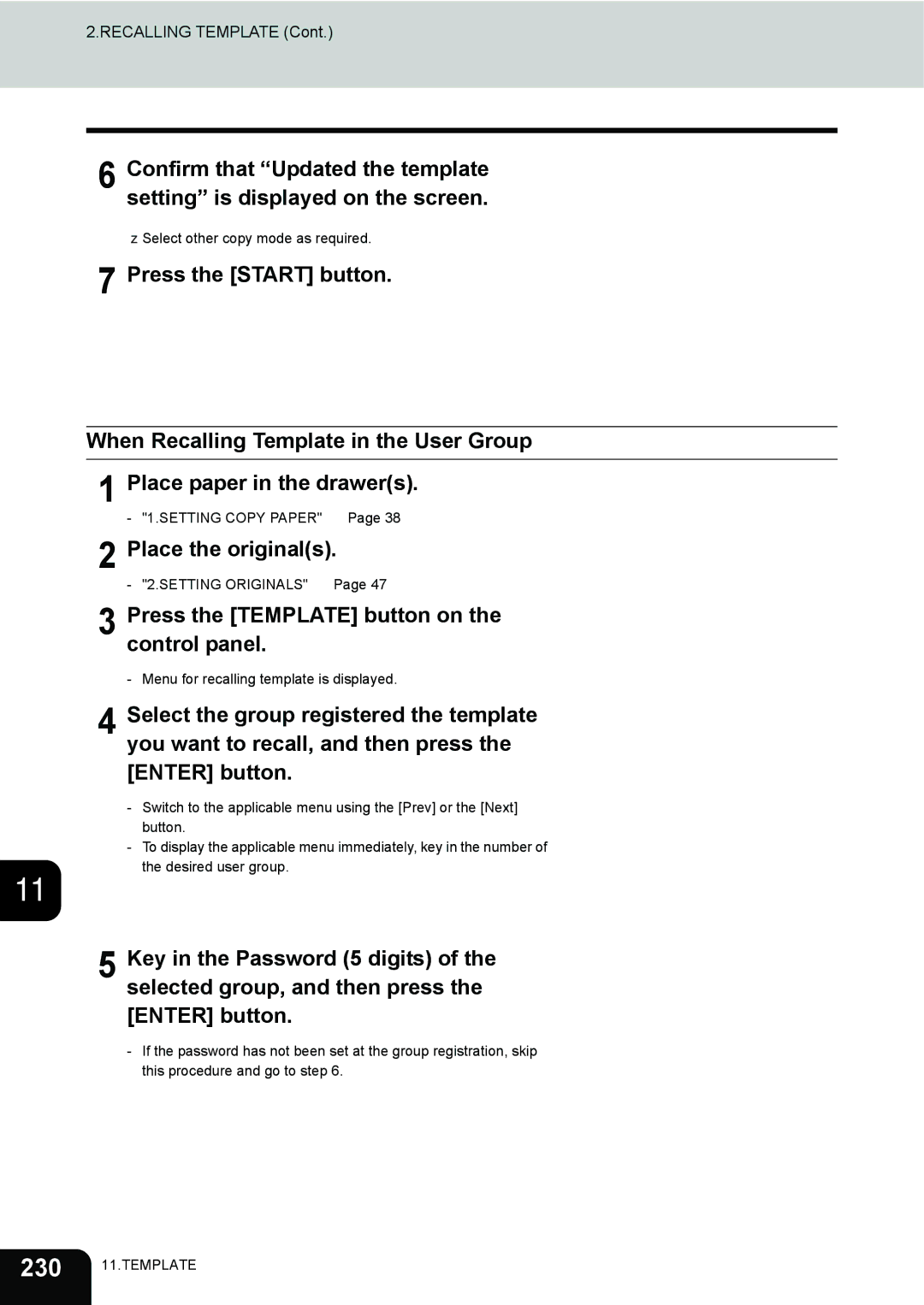 Toshiba 3511 manual Recalling Template 