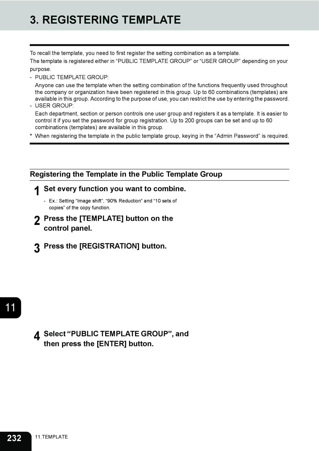 Toshiba 3511 manual Registering Template, Public Template Group, User Group 