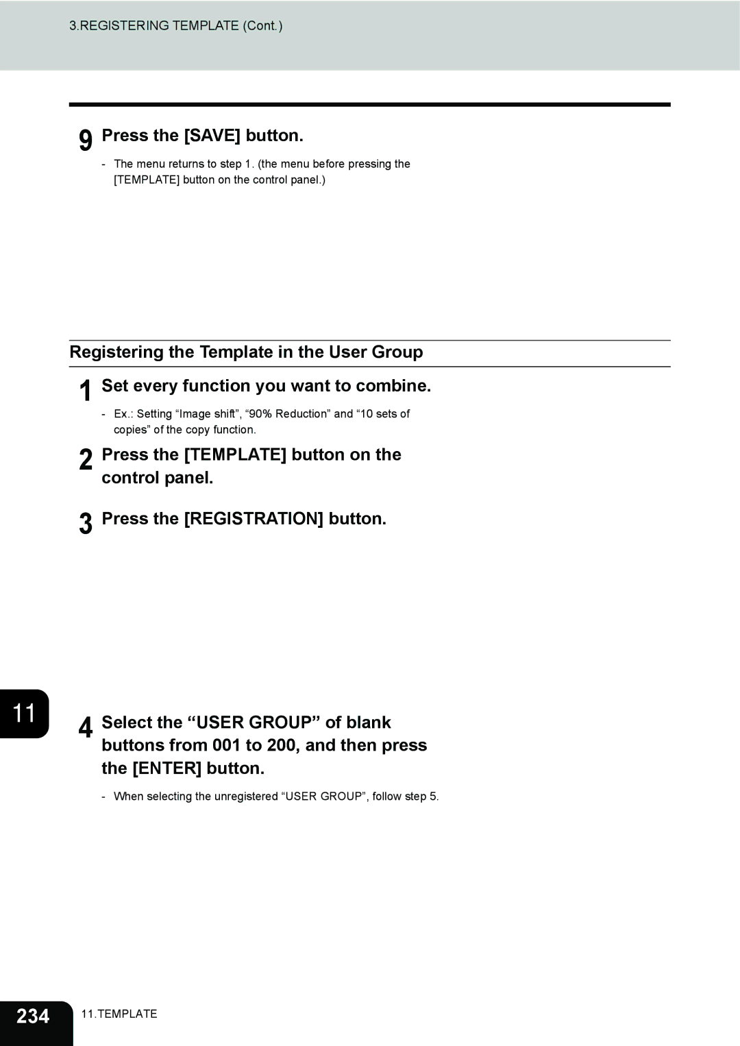 Toshiba 3511 manual Press the Save button, Registering the Template in the User Group 