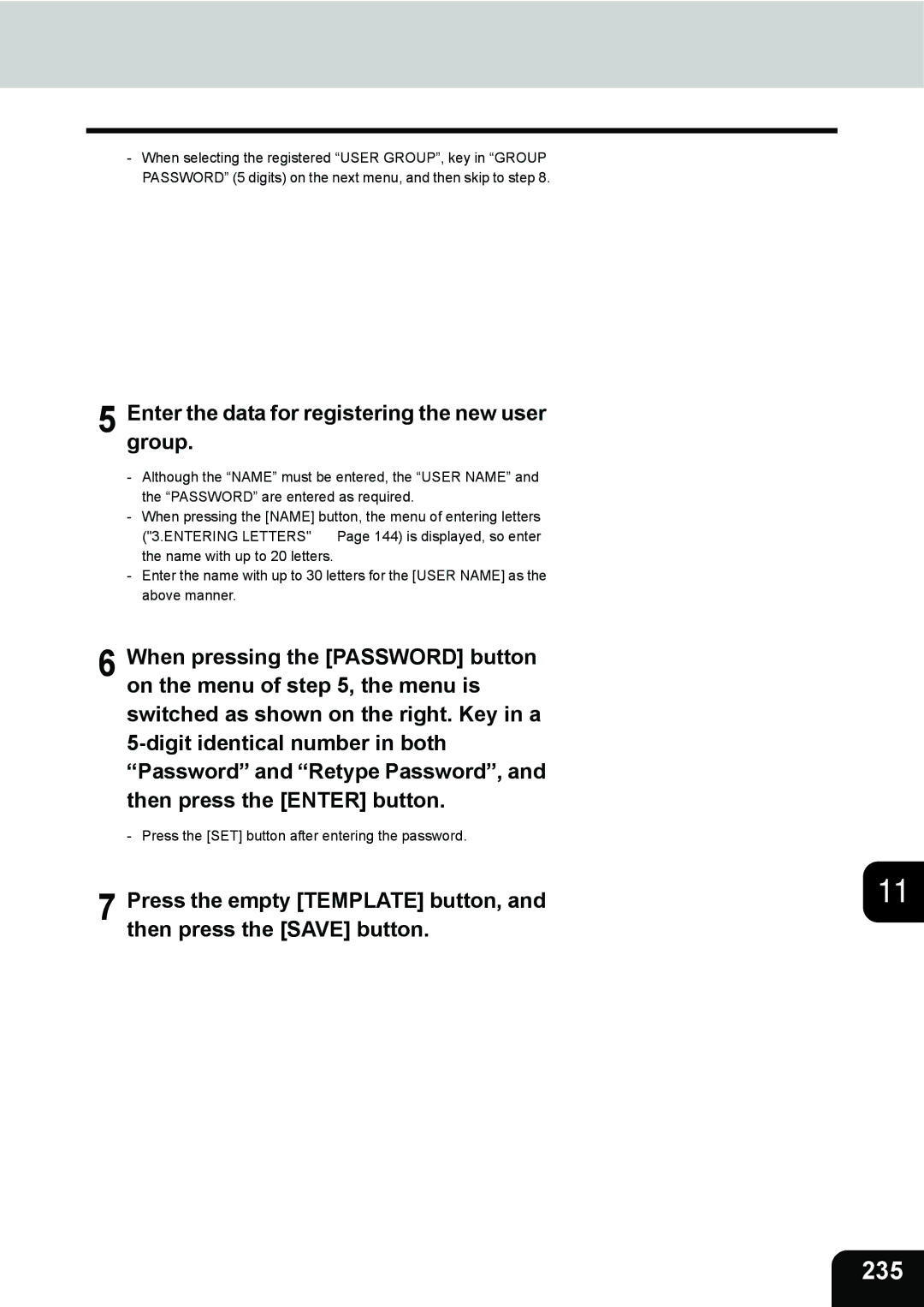 Toshiba 3511 manual 235, Enter the data for registering the new user group 