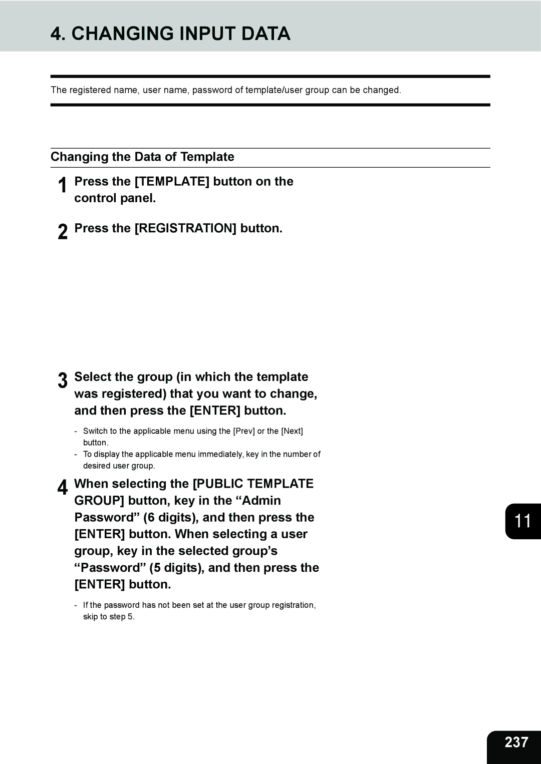 Toshiba 3511 manual Changing Input Data, 237 