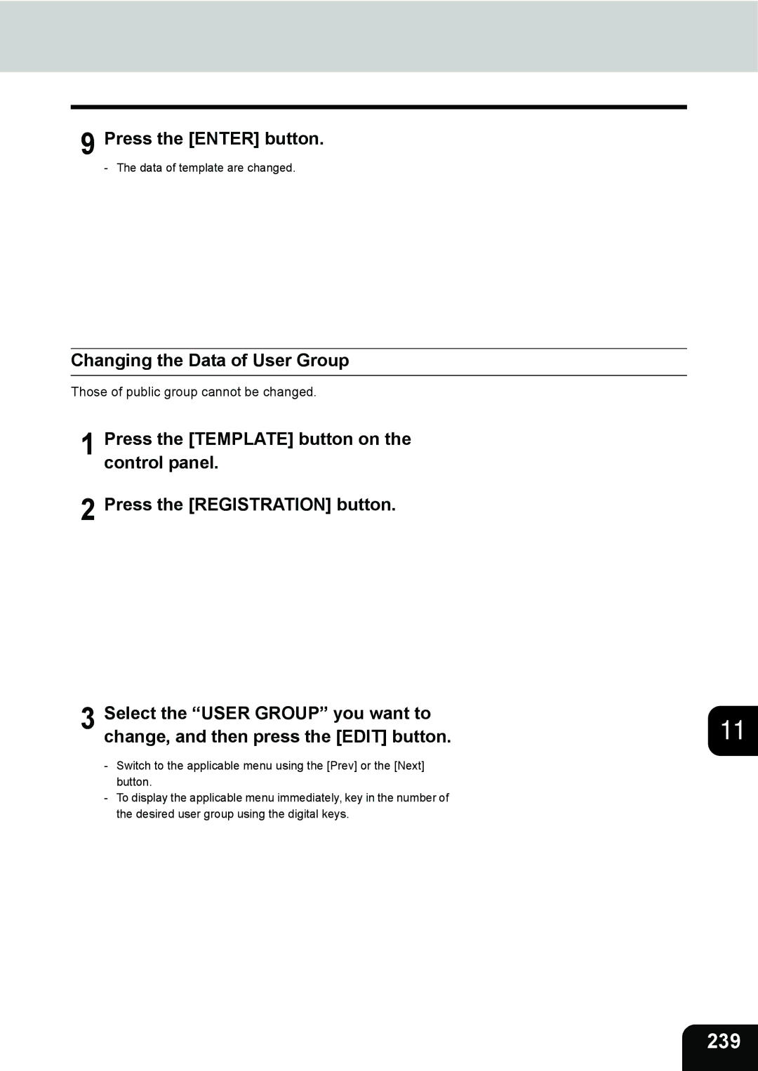 Toshiba 3511 manual 239, Changing the Data of User Group 