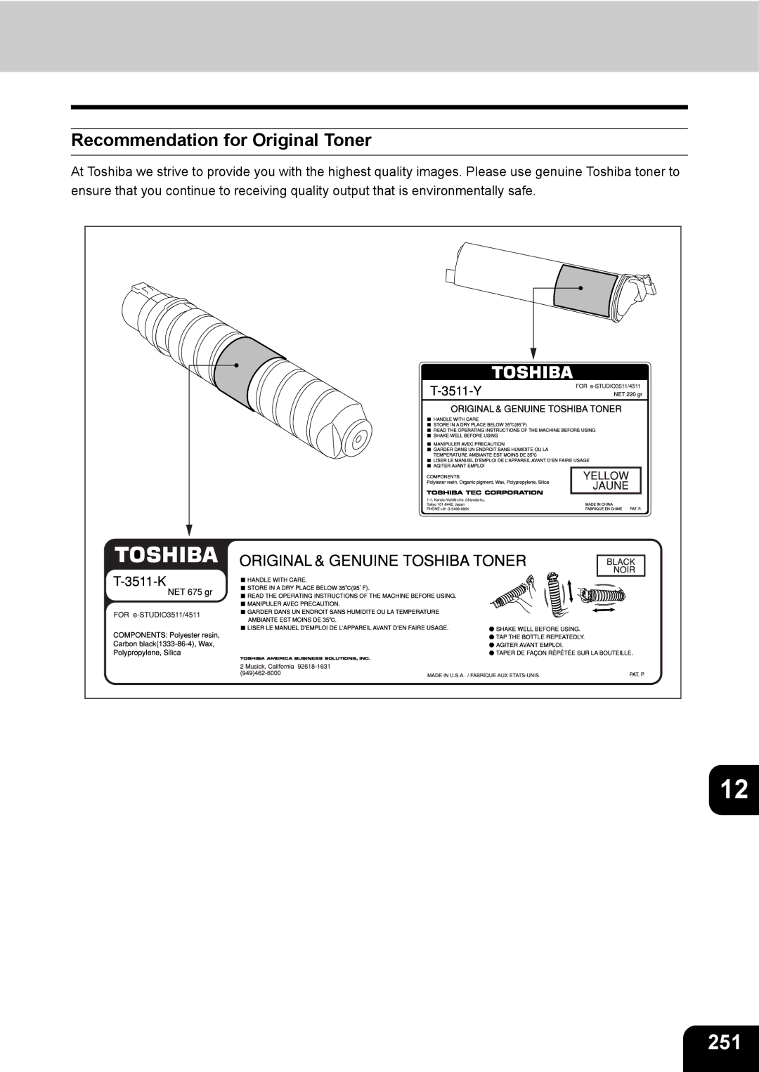 Toshiba 3511 manual 251, Recommendation for Original Toner 