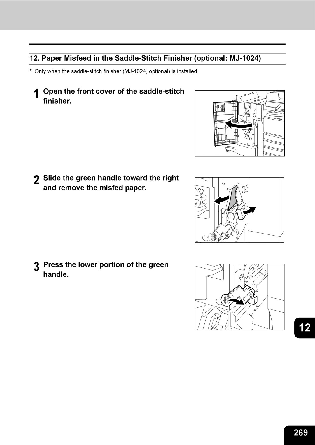 Toshiba 3511 manual 269, Paper Misfeed in the Saddle-Stitch Finisher optional MJ-1024 