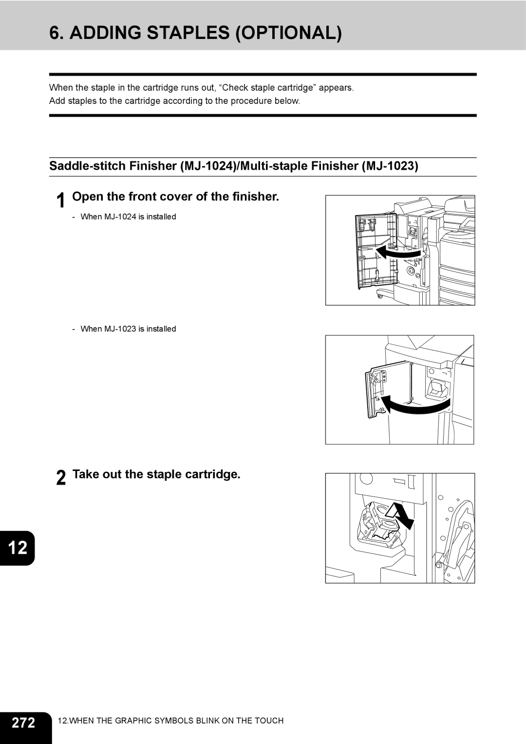 Toshiba 3511 manual Adding Staples Optional, 272, Take out the staple cartridge 