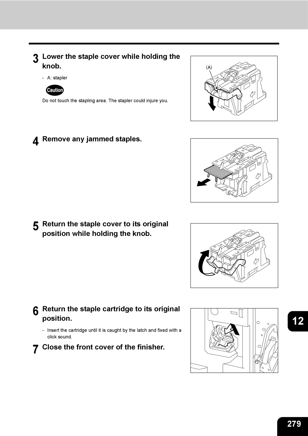 Toshiba 3511 manual 279, Lowerknob. the staple cover while holding 